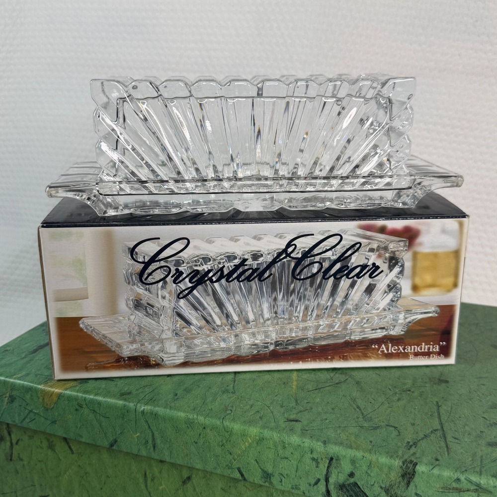 VTG Crystal Clear Alexandria Butter Dish Clear Heavy Glass Art Deco Style New